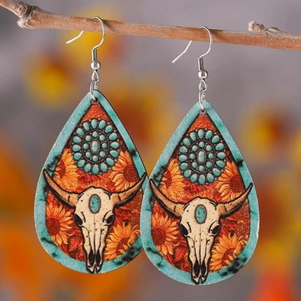 💕 $5 Bundled Boho Wooden Cattle Head & Sunflower Pattern Water Drop Earrings